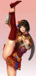 armor ass black_hair blunt_bangs blush breasts brown_eyes cleavage ii_naotora large_breasts leg_lift leg_up legs lips long_hair mitsuya mole mole_on_breast panties red_panties red_thighhighs sengoku_musou split standing standing_on_one_leg standing_split thighhighs thighs twintails underwear