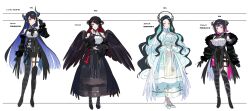 4girls absurdres angel_wings aradia_ravencroft black_dress black_hair black_wings blush breasts colored_inner_hair demon_girl dress fingerless_gloves fur_trim gloves hand_on_own_face height_chart highres hololive hololive_english large_breasts long_hair looking_at_viewer malpha_ravencroft mamarissa mature_female mother_and_daughter multicolored_hair multiple_girls nerissa_ravencroft nerissa_ravencroft_(1st_costume) pink_eyes red_eyes siblings sisters translation_request very_long_hair virtual_youtuber white_background white_dress white_wings wings yomosaka