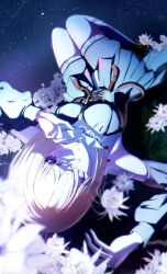 1girl absurdres bang_dream! bang_dream!_it&#039;s_mygo!!!!! bare_shoulders black_dress blonde_hair chromatic_aberration commentary corset cropped daisy_(flower) detached_sleeves doloris_(bang_dream!) dress epiphyllum field flower flower_field hair_between_eyes highres knees_up long_sleeves looking_at_viewer lying medium_hair misumi_uika night night_sky on_back parted_lips purple_eyes shooting_star sky solo star_(sky) starry_sky upside-down white_flower white_garand