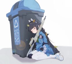 1girl ahoge ammunition_pouch animal_ears armband arrow_(symbol) black_armband black_gloves black_hair blue_archive blue_serafuku blue_shirt blue_skirt blunt_bangs blunt_sidelocks blurry bolt_action closed_eyes closed_mouth commentary crossed_wrists depth_of_field dirty dirty_clothes dirty_legwear fake_animal_ears footprints full_body gloves green_neckerchief gun gun_sling hands_on_own_thighs head_tilt highres hime_cut knee_pads leaf leaf_on_head lens_flare light_blush long_hair long_sleeves mi_kan_(1101515378) miyu_(blue_archive) mosin-nagant neckerchief no_halo pantyhose pleated_skirt pouch puffy_long_sleeves puffy_sleeves rabbit_ears recycle_bin recycling_symbol rifle school_uniform serafuku shadow shirt shoe_print shoes sidelocks simple_background single_knee_pad sitting skirt sleeping sleeping_upright sneakers solo trash_can two-tone_skirt very_long_hair wariza weapon white_background white_pantyhose white_shoes