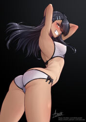 1girl adsouto arms_up ass asymmetrical_bangs bikini black_hair breasts grin hair_ornament hairclip highres ijiranaide_nagatoro-san long_hair medium_breasts nagatoro_hayase signature smile solo standing swimsuit tan variant_set white_bikini yellow_eyes