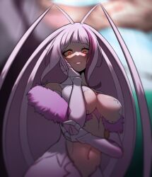 1girl absurdres antenna_hair arms_under_breasts arthropod_girl blunt_bangs breasts cleavage_cutout clothing_cutout cockroach_girl dress fur-trimmed_dress fur_trim highres large_breasts long_hair looking_at_viewer matara_kan matara_kan_(1st_costume) monster_girl navel pink_hair red_eyes sidelocks sioell sleeveless sleeveless_dress smile solo stomach_cutout very_long_hair virtual_youtuber vshojo white_dress
