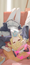1girl absurdres animal_ear_headphones animal_ears apron black_dress blonde_hair blue_archive blurry cat_ear_headphones commentary_request couch curtains depth_of_field dress fake_animal_ears haimaotuanzi halo headphones highres indoors long_sleeves lying momoi_(blue_archive) momoi_(maid)_(blue_archive) official_alternate_costume on_back on_couch pantyhose pillow pink_halo red_eyes solo two_side_up upside-down white_apron white_pantyhose