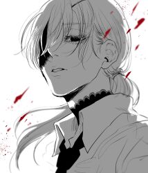 1girl chainsaw_man collared_shirt eyepatch greyscale haru_rice hashtag-only_commentary highres long_hair monochrome necktie parted_lips ponytail quanxi_(chainsaw_man) shirt solo spot_color