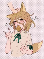 1girl 1other animal_ears blush bow breasts brown_hair closed_eyes closed_mouth commentary_request eating fang fingernails food fox_ears fox_shadow_puppet fox_tail green_bow grey_romper hair_between_eyes hand_on_another&#039;s_head hands_up highres kudamaki_tsukasa light_brown_hair medium_breasts polka_dot polka_dot_background puffy_short_sleeves puffy_sleeves romper satomachi short_hair short_sleeves smile tail tofu touhou white_background
