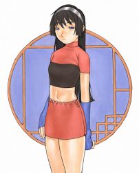 1girl arm_warmers black_hair blue_eyes crop_top expressionless hairband highres kennomou long_hair looking_at_viewer navel original skirt solo
