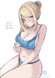 1girl absurdres blonde_hair blue_eyes blue_panties blue_sports_bra blush breasts chascoby cleavage closed_mouth highres large_breasts long_hair looking_at_viewer metroid navel nintendo panties ponytail samus_aran simple_background solo sports_bra sportswear stomach thighs underwear