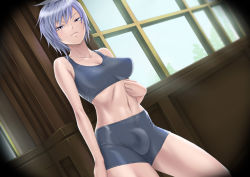 Rule 34 | 1futa, blue eyes, blue hair, breasts, bulge, covered erect nipples, dutch angle, electric sheep, final fantasy, final fantasy type-0, futanari, large breasts, looking at viewer, matching hair/eyes, midriff, navel, seven (fft-0), short hair, shorts, skin tight, solo, sports bra, toned