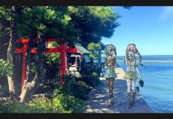 2girls :d aqua_skirt black_footwear boots bow bowtie buttons closed_eyes facing_viewer green_bow green_hair green_skirt grey_footwear hair_bow highres hokora_(shrine) kantai_collection knee_boots letterboxed long_hair looking_at_another makamu multiple_girls open_mouth orange_neckwear pantyhose photo_background pink_hair pleated_skirt ponytail school_uniform serafuku shirt short_sleeves sidelocks skirt smile torii very_long_hair white_shirt wide_shot yura_(kancolle) yuubari_(kancolle)