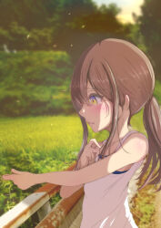1girl absurdres blush brown_hair closed_mouth evening grass hair_between_eyes highres long_hair ninyo_(user_pddg5877) original outdoors ponytail railing rural shirt sidelocks sleeveless sleeveless_shirt solo standing sunset tree upper_body yellow_eyes