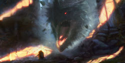 cave cloak dragon dragon_head fur_cloak gigantic glowing glowing_eyes grosnez maw nature plant_roots rock ruins size_difference sunlight sword swordsman_(fgo516824681) teeth tongue weapon
