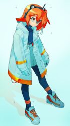1girl a.i._voice adachi_rei belt black_pantyhose black_shirt blue_background flat_chest gloves grey_skirt hair_ribbon hashtag-only_commentary headlamp headphones highres jacket long_sleeves looking_ahead open_clothes open_jacket orange_belt orange_hair pantyhose radio_antenna ribbon seikaigetsu shirt shoes side_ponytail simple_background skirt sneakers solo utau white_gloves white_jacket white_ribbon white_shoes