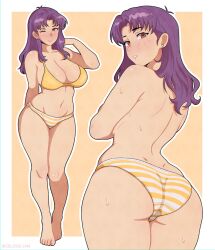 1girl arm_behind_back ass barefoot blush bra breasts brown_eyes celebelian cleavage covering_breasts covering_privates curvy ear_piercing female_focus from_behind full_body groin highres huge_ass katsuragi_misato large_breasts looking_at_viewer medium_hair multiple_views navel neon_genesis_evangelion one_eye_closed open_mouth panties piercing purple_hair smile standing stomach striped_clothes striped_panties tiptoes topless_female underwear underwear_only variant_set walking wide_hips wink yellow_background yellow_bra yellow_panties