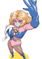 Rule 34 | 1girl, ass, battle fever j, blonde hair, blue eyes, blue leotard, breasts, gloves, highres, leotard, long hair, mask, miss america, pantyhose, pink leotard, scarf, tokusatsu, smile, solo, super sentai, superhero costume, ueyama michirou, united states