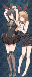 2girls ahoge animal_costume arm_up armpits arms_up black_bow black_bowtie black_eyes black_hair black_skirt black_socks black_thighhighs blush bow bowtie breasts brown_eyes brown_hair cleavage clothing_cutout english_text female_focus fishnet_thighhighs fishnets heel-less_heels highres isshiki_iroha kneehighs large_breasts legs leotard long_hair looking_at_viewer miniskirt multiple_girls navel navel_cutout official_art one_eye_closed pencil_skirt playboy_bunny rabbit_costume rabbit_ears scan see-through_cleavage see-through_clothes short_hair skirt sleeveless small_breasts smile socks thighhighs thighs tickling tickling_armpits yahari_ore_no_seishun_lovecome_wa_machigatteiru. yukinoshita_yukino