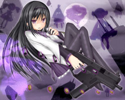 10s 1girl akemi_homura akemi_homura_(magical_girl) argyle_clothes argyle_legwear black_hair black_pantyhose blush bullet explosive grenade gun hair_ribbon hairband kriss_vector long_hair magical_girl mahou_shoujo_madoka_magica mahou_shoujo_madoka_magica_(anime) pantyhose purple_eyes ribbon shell_casing skirt submachine_gun takiteru tdi_vector walpurgisnacht_(madoka_magica) weapon