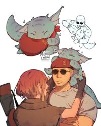 &gt;_&lt; 1boy 1girl afterimage animal animal_on_head arms_up beret biting brown_gloves brown_hair buzz_cut closed_eyes commentary courier_(fallout:_new_vegas) craig_boone crossed_arms english_commentary fallout fallout:_new_vegas fingerless_gloves gecko gloves grey_shirt hat heart holding holding_animal milramemo noelle_(milramemo) on_head red_hat shirt short_hair short_sleeves signature simple_background sunglasses twitter_username very_short_hair white_background