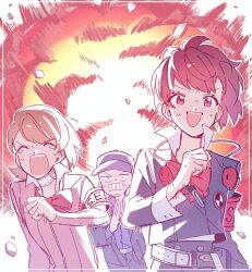 1boy 2girls armband baseball_cap black_jacket blue_skirt bow bowtie brown_hair cardigan choker closed_eyes collared_shirt commentary_request digital_media_player earphones_removed explosion explosion_gag gekkoukan_high_school_uniform hat heart heart_choker highres iori_junpei jacket long_sleeves multiple_girls open_mouth paitan1007 persona persona_3 persona_3_portable pink_cardigan red_armband red_bow red_bowtie red_eyes ribbed_cardigan running s.e.e.s school_uniform shiomi_kotone shirt short_hair skirt sweat takeba_yukari tears upper_body white_choker white_shirt