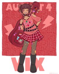 Rule 34 | 1girl, ;d, belt, black belt, black boots, black bra, blunt bangs, boots, border, bra, bra peek, bracelet, brown hair, character name, cherry print, clothes writing, clothing cutout, collarbone, commentary, contrapposto, copyright notice, dark-skinned female, dark skin, dated, donuqx, double bun, english commentary, english text, fang, flat color, food print, fruit print, full body, grey pantyhose, guitar case, hair bun, hair ornament, happy birthday, headphones, headphones around neck, highres, holding case, instrument case, instrument case on back, jewelry, knee boots, lace, lace-trimmed bra, lace trim, lesbian flag, lightning bolt symbol, medium hair, miniskirt, mole, mole under mouth, multicolored hair, musical note, omocat (style), omori, one eye closed, open mouth, original, outside border, pantyhose, pink eyes, plaid clothes, plaid skirt, pleated skirt, polka dot, polka dot background, red background, red hair, red shirt, red skirt, round teeth, shirt, short sleeves, shoulder cutout, simple background, skirt, smile, solo, spiked bracelet, spikes, standing, standing on one leg, star (symbol), streaked hair, teeth, torn clothes, torn pantyhose, two-tone hair, underwear, upper teeth only, vix (donuqx), white border, x hair ornament