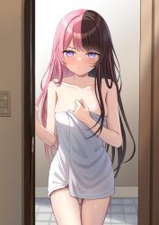 1girl blush breasts brown_hair collarbone doorway hal_(haldayo913) highres long_hair looking_at_viewer multicolored_eyes multicolored_hair naked_towel pink_eyes pink_hair purple_eyes solo split-color_hair tachibana_hinano thighs towel two-tone_eyes two-tone_hair virtual_youtuber vspo!