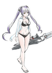 1girl absurdres arms_at_sides assault_lily bare_legs bikini black_bikini black_ribbon breasts cleavage closed_mouth collarbone commentary_request full_body groin hair_ribbon heel_up highres hishida_haru holding holding_weapon hood hood_down hooded_jacket jacket long_hair long_sleeves looking_at_viewer medium_breasts navel purple_hair ribbon sandals simple_background sketch smile solo standing stomach swimsuit twintails very_long_hair weapon white_background white_jacket white_sandals yadoo yellow_eyes