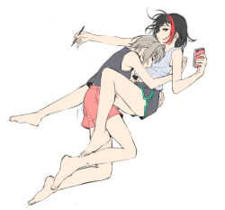 Rule 34 | 2girls, aoba moca, bamboo9545, bang dream!, barefoot, black hair, black shorts, black tank top, closed eyes, closed mouth, commentary request, grey hair, holding, holding notepad, holding pencil, looking at viewer, mitake ran, multicolored hair, multiple girls, notepad, pencil, pink shorts, red eyes, red hair, short hair, shorts, simple background, streaked hair, sweatdrop, tank top, white background, white tank top, yuri