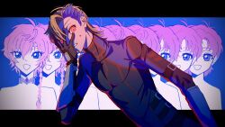 3boys ash_phoenix bad_id bad_twitter_id blonde_hair blue_background bodysuit braid brothers clenched_teeth code_geass code_geass:_dakkan_no_roze collar from_side geass gloves glowing glowing_eyes hair_between_eyes hand_on_own_face highres knightmare_frame leaning_to_the_side long_braid long_hair long_sleeves looking_at_viewer looking_to_the_side multicolored_hair multiple_boys nmexemn open_mouth red_eyes roze_(code_geass) shade shaded_face short_hair siblings single_braid spoilers sweatdrop teeth