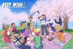 4girls 6+boys ash_ketchum baseball_cap bento_box bianca_(pokemon) black_hair black_vest blonde_hair boom_mic brown_hair burgundy_(pokemon) cameron_(pokemon) cherry_blossoms cilan_(pokemon) dancing eating georgia_(pokemon) hat iris_(pokemon) jacket luke_(pokemon) microphone multiple_boys multiple_girls music nintendo orange_jacket orange_vest picnic pokemon pokemon_(anime) purple_hair red_hair shirt shooti_(pokemon) singing singlet sitting socks stephan_(pokemon) vest virgil_(pokemon) yellow_shirt