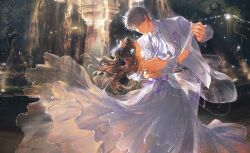 1boy 1girl absurdres blue_eyes breasts brown_hair chimmyming collared_shirt couple dancing dress earrings fountain gloves grey_hair hair_ornament hand_on_another&#039;s_back hetero highres holding_hands jacket jewelry lapels layered_dress light_particles long_hair long_sleeves looking_at_another love_and_deepspace medium_breasts necktie night off-shoulder_dress off_shoulder outdoors pants parted_lips profile protagonist_(love_and_deepspace) purple_necktie shirt short_hair strapless strapless_dress tree vest water white_dress white_gloves white_jacket white_pants white_shirt xavier_(love_and_deepspace)