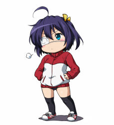 Rule 34 | 1girl, ahoge, black buruma, black socks, blue eyes, blue hair, blush stickers, buruma, chuunibyou demo koi ga shitai!, closed mouth, deformed, eyepatch, full body, hair ribbon, hairu, hands on own hips, jacket, medical eyepatch, multicolored jacket, one side up, puff of air, red jacket, red shoes, ribbon, shoes, short hair, simple background, socks, solo, standing, takanashi rikka, two-tone jacket, white background, white jacket, yellow ribbon
