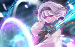 1girl black_gloves black_hairband black_sclera blue_eyes bob_cut colored_sclera commentary electricity energy_rings fingerless_gloves gloves green_jacket hairband heterochromia high_collar holding holding_sword holding_weapon jacket konpaku_youmu light_particles long_sleeves looking_to_the_side open_mouth red_eyes short_hair silver_hair solo sonic_boom_(speed) sword tendou_kaoru touhou weapon wind