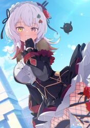 1girl absurdres black_dress black_gloves black_thighhighs blue_sky blush breasts building colored_inner_hair commission cowboy_shot day dress fishnet_pantyhose fishnet_thighhighs fishnets flower frills gloves grey_hair hair_flower hair_ornament heterochromia highres large_breasts long_hair long_sleeves looking_at_viewer medium_hair multicolored_hair original outdoors pantyhose pink_eyes red_eyes red_flower red_hair red_rose ribbon rose shiro9jira skeb_commission sky smile solo thighhighs two-tone_hair white_hair yellow_eyes