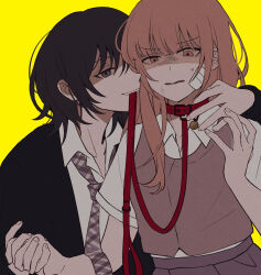 2girls animal_collar arm_around_neck black_cardigan black_eyes black_hair brown_eyes brown_hair brown_vest cardigan collar commentary english_commentary gauze gauze_on_cheek grey_necktie grey_skirt guiltyskullu highres holding_hands interlocked_fingers leash_in_mouth multiple_girls naoi_(zenbu_kowashite_jigoku_de_aishite) necktie shirt short_sleeves simple_background skirt vest white_shirt yellow_background yoshizawa_kurumi yuri zenbu_kowashite_jigoku_de_aishite