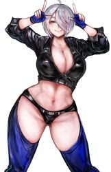 1girl angel_(kof) backless_pants blue_eyes bra breasts chaps cleavage crop_top cropped_jacket fingerless_gloves gloves hair_over_one_eye highres horns_pose index_fingers_raised jacket large_breasts leather leather_jacket looking_at_viewer midriff navel ninninporno panties pants short_hair smile snk solo strapless strapless_bra the_king_of_fighters the_king_of_fighters_2001 toned toned_female underwear white_hair