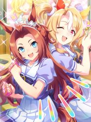 Rule 34 | 2girls, absurdres, ahoge, bad link, blonde hair, blue eyes, blurry, blurry background, breasts, brown hair, forehead, fusaichi pandora (umamusume), hair between eyes, hair ornament, highres, horse girl, kawakami princess (umamusume), large breasts, looking at viewer, multiple girls, official art, one eye closed, open mouth, red eyes, school uniform, sparkle, thighhighs, tracen school uniform, umamusume
