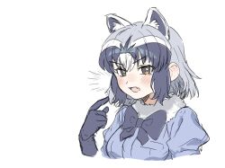 1girl animal_ears black_bow black_bowtie blue_hair blue_sweater blush bow bowtie brown_eyes common_raccoon_(kemono_friends) elbow_gloves extra_ears fang fur_collar gloves grey_gloves grey_hair hair_between_eyes highres houkokukokui kemono_friends looking_at_viewer multicolored_hair open_mouth pointing pointing_at_self puffy_short_sleeves puffy_sleeves raccoon_ears raccoon_girl short_hair short_sleeves sidelocks solo sweater white_fur white_hair
