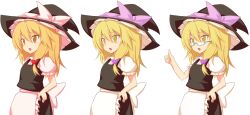 1girl absurdres apron ayuki_(47881314) black_hat black_skirt black_vest blonde_hair blue-framed_eyewear bow commentary_request cookie_(touhou) cowboy_shot frilled_apron frilled_hat frills glasses hair_bow hat highres huei_nazuki_(style) kirisame_marisa long_hair open_mouth parody pink_bow puffy_short_sleeves puffy_sleeves shirt short_sleeves simple_background skirt skirt_set style_parody thumbs_up touhou uzuki_(cookie) vest white_apron white_shirt witch_hat yellow_eyes