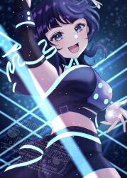 1girl asaka_karin blue_eyes blue_hair blue_light blue_shorts blue_tube_top blunt_bangs blush breasts bridal_gauntlets commentary_request highres jewelry large_breasts light_particles looking_at_viewer love_live! love_live!_nijigasaki_high_school_idol_club midriff open_mouth ring ryuuka_(moriryuuuuu24) shorts smile solo strapless tube_top vivid_world_(love_live!) watermark
