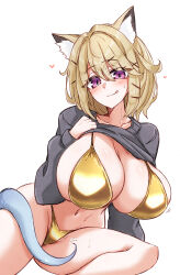 1girl :q absurdres animal_ear_fluff animal_ears arknights bikini black_sweater blonde_hair blush breasts cleavage closed_mouth clothes_lift collarbone commentary_request golden_week golden_week_bikini grey_tail hair_between_eyes hair_ornament hairclip heart highres huge_breasts lifting_own_clothes long_sleeves looking_at_viewer maiq06 medium_hair navel pink_eyes simple_background sitting solo sweater sweater_lift swimsuit tail tongue tongue_out utage_(arknights) white_background x_hair_ornament yellow_bikini