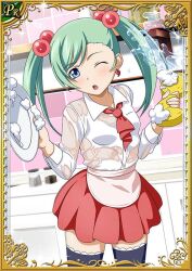 1girl blue_eyes card_(medium) dot_nose feet_out_of_frame female_focus grey_hair hair_bobbles hair_ornament holding holding_plate holding_sponge ikkitousen indoors kitchen long_hair long_sleeves looking_at_viewer magatama one_eye_closed open_mouth pepper_shaker plate salt_shaker shiny_skin shirt shokatsuryou_koumei skirt soap sponge standing swept_bangs thighhighs wet white_shirt