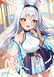 Rule 34 | 1girl, absurdres, animal ears, azur lane, bag, bare shoulders, belt, black belt, blue bag, blue jacket, blue skirt, breasts, cowboy shot, dress, frilled dress, frills, handbag, highres, jacket, jewelry, long hair, looking at viewer, marimo daifuku, offering hand, open mouth, outdoors, rabbit ears, ribbon, ring, road, shimakaze (azur lane), signature, skirt, sleeveless, small breasts, smile, solo, standing, street, teeth, tongue, two-tone skirt, wedding ring, white dress, white hair, white skirt, yellow eyes