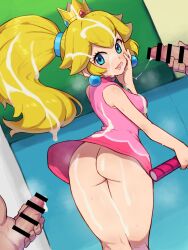 1girl 2boys after_masturbation aqua_eyes ass bar_censor blonde_hair breasts bukkake censored chiwino commission crown cum cum_on_body cum_on_clothes cum_on_hair dress earrings ejaculation facial from_behind highres jewelry large_breasts large_variant_set licking_lips male_masturbation mario_(series) mario_tennis masturbation multiple_boys naughty_face nintendo no_panties parted_lips penis pink_dress pixiv_commission ponytail princess_peach racket short_dress sideboob smile sphere_earrings tennis_racket tongue tongue_out variant_set