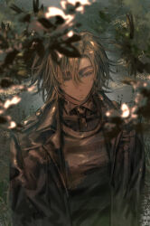 Rule 34 | 1boy, black coat, blonde hair, blurry, coat, collared shirt, dappled sunlight, daybit sem void, depth of field, fate/grand order, fate (series), highres, male focus, medium hair, mi-atidueuzair, plant, purple eyes, shirt, solo, sunlight, upper body