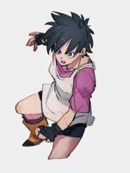 Rule 34 | 1girl, black gloves, black hair, black shorts, blue eyes, dragon ball, dragonball z, fighting stance, fingerless gloves, gloves, grey background, kemachiku, long shirt, messy hair, open mouth, pink shirt, shirt, short hair, short shorts, shorts, simple background, solo, videl, white shirt