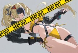 bare_legs bikini bikini_top_aside black_choker blonde_hair breasts caution_tape choker convenient_censoring detached_sleeves eye_mask fingerless_gloves gloves kawaaniiiii keep_out narrow_waist navel non-web_source side-tie_bikini_bottom simple_background smile swimsuit thigh_strap trigger_(zenless_zone_zero) wide_hips zenless_zone_zero