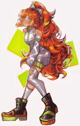 1girl alternate_costume alternate_hairstyle black_shoes bngb_love bow detached_sleeves dress freckles full_body green_eyes grey_dress grey_thighhighs hair_bow highres ishmael_(project_moon) limbus_company long_hair looking_at_viewer orange_hair ponytail project_moon shoes simple_background solo standing thighhighs very_long_hair white_background white_bow