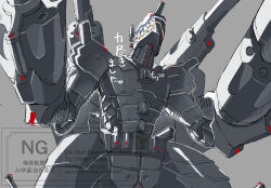 absurdres arm_cannon artist_name cowboy_shot digimon digimon_(creature) fuji_o_(fujio9111) grey_background gundramon highres no_humans non-humanoid_robot robot robot_dragon shoulder_cannon simple_background solo watermark weapon