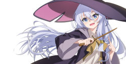 1girl :d black_hat black_robe blue_eyes bow brown_bow collared_shirt commentary_request deatheach dress_shirt elaina_(majo_no_tabitabi) floating_hair hair_between_eyes hat head_tilt highres holding holding_wand hood hood_down hooded_robe long_hair long_sleeves looking_at_viewer majo_no_tabitabi open_clothes open_mouth open_robe pointing robe shirt silver_hair simple_background smile solo teeth upper_body upper_teeth_only very_long_hair wand white_background white_shirt wide_sleeves witch_hat