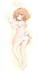 1girl animal_ears ass from_behind bad_id bad_pixiv_id barefoot dress feet female_focus full_body gradient_background ica inaba_tewi looking_back panties rabbit_ears rabbit_girl rabbit_tail red_eyes short_hair solo tail touhou underwear white_background