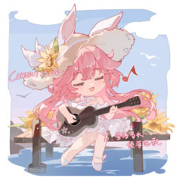 Rule 34 | 1girl, animal ears, blue sky, blush, border, bow, bowtie, braid, closed eyes, commission, dock, dress, ears through headwear, flower, full body, guitar, hat, hat flower, hat ribbon, highres, holding, holding guitar, holding instrument, honkai (series), honkai impact 3rd, instrument, jewelry, lixiang guo alice, long hair, messy hair, music, musical note, open mouth, pink hair, playing guitar, playing instrument, rabbit ears, ribbon, ring, shoes, single braid, sitting, sky, solo, straw hat, sunflower, white bow, white bowtie, white dress, white ribbon, white shoes, yae sakura
